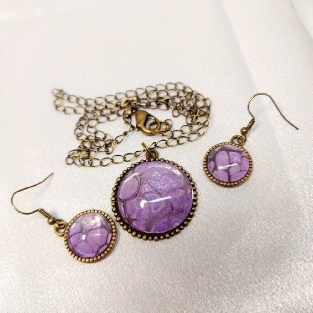 * neckalace & earings marbled purple set gold tone metal - Picture 3 of 8